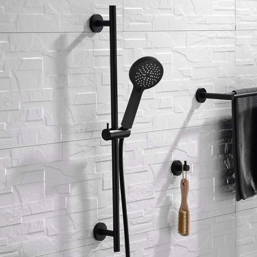 Buy Contemporary Shower Slider Riser Rail Kit With 3 Function Shower Head, Hose and Wall Elbow - Matt Black online UK