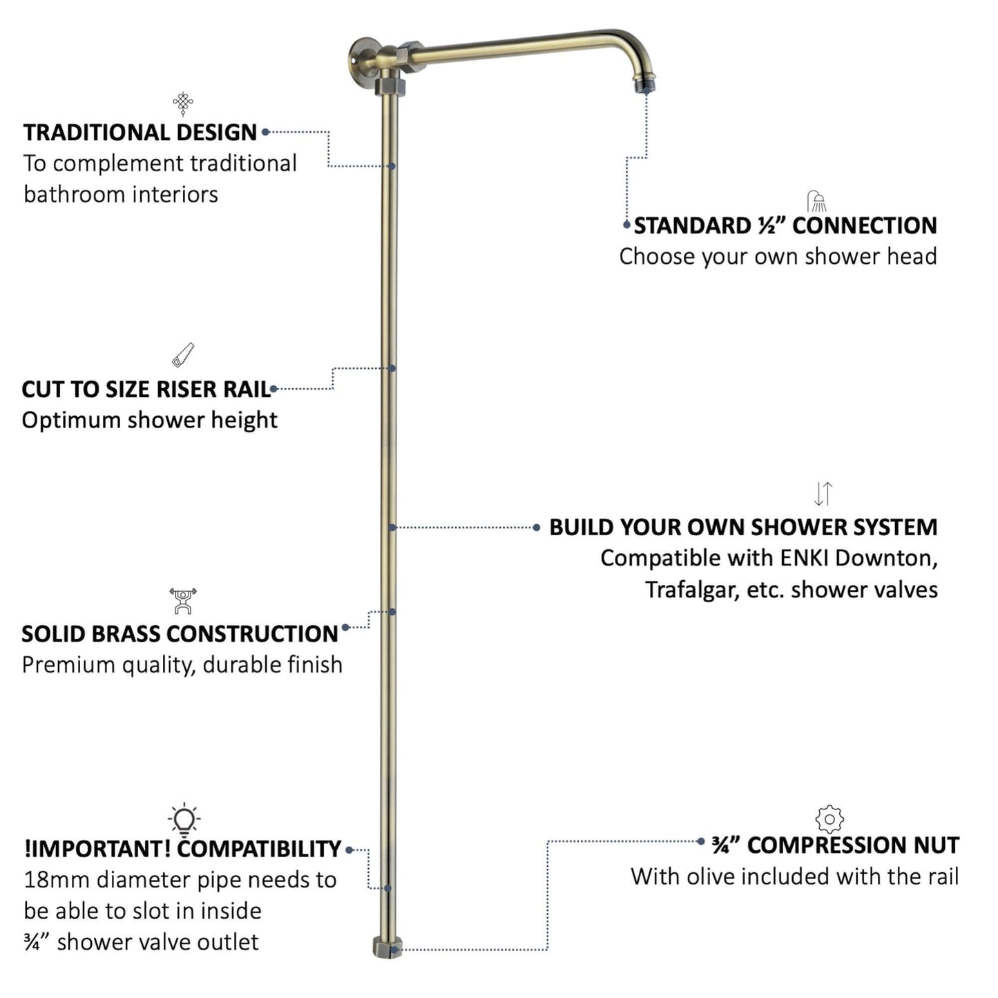 Downton shower rigid riser rail traditional - antique bronze - Showers