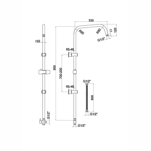 Buy Carre shower adjustable rigid riser rail angled with 2 wall brackets, handset bracket, diverter, connecting hose - chrome online UK
