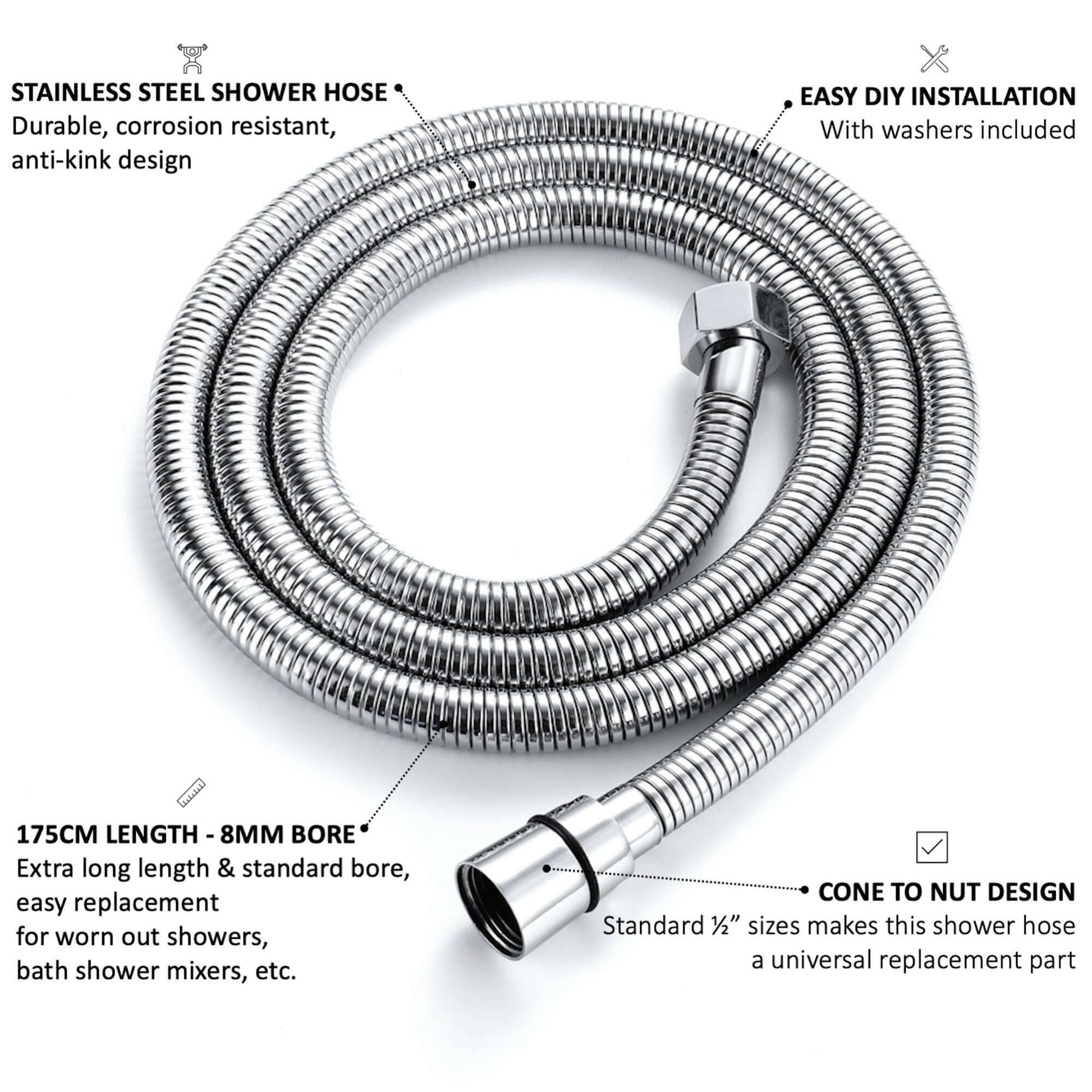 Flex shower hose stainless steel 1.75m standard bore - chrome - Showers