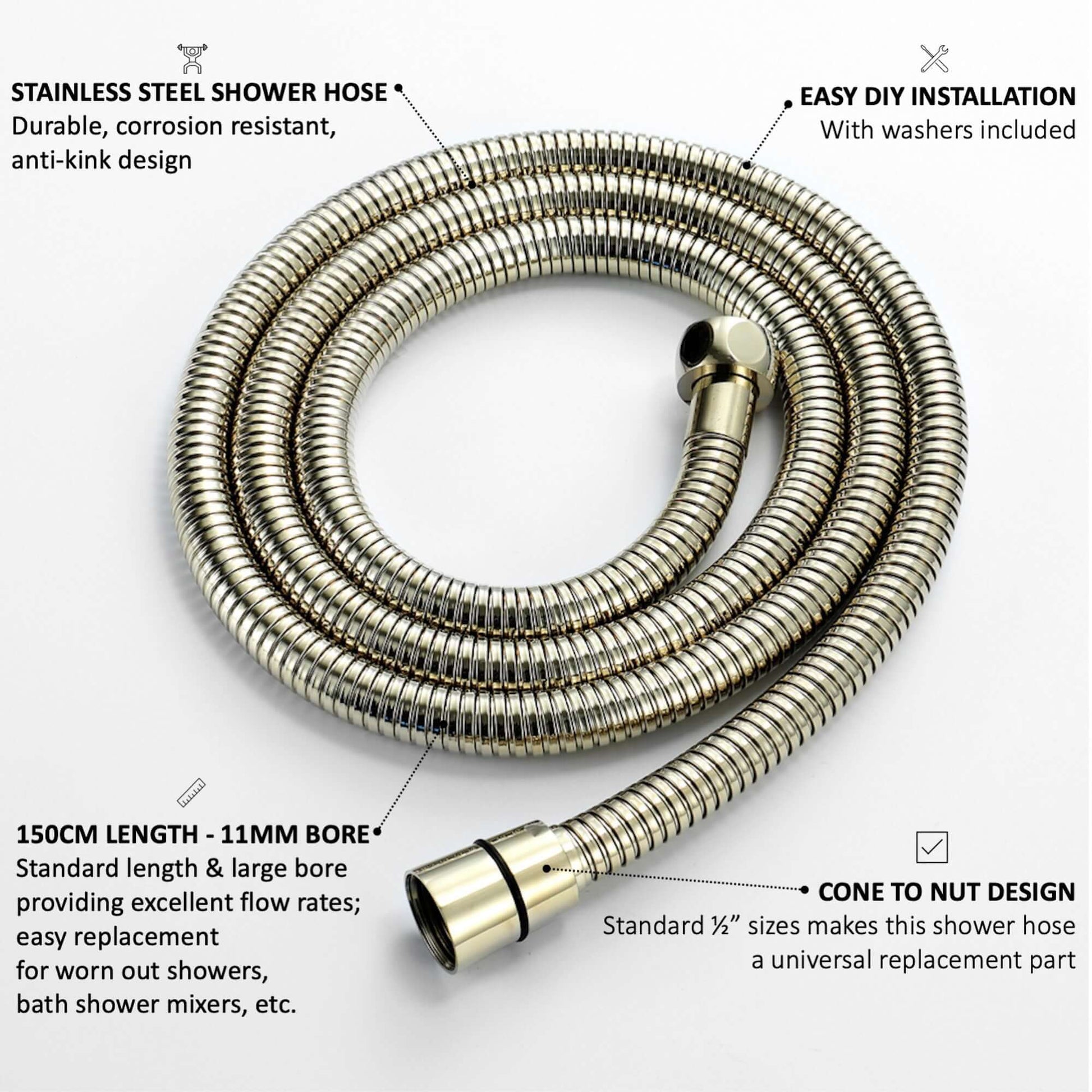 Flex shower hose stainless steel 1.5m large bore - English gold - Showers