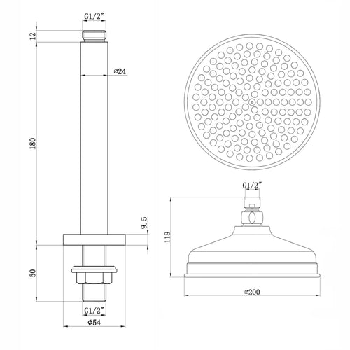 Buy Traditional Ceiling Fixed Apron Brass Shower Head 8" With 180mm Ceiling Shower Arm - Antique Brass online UK