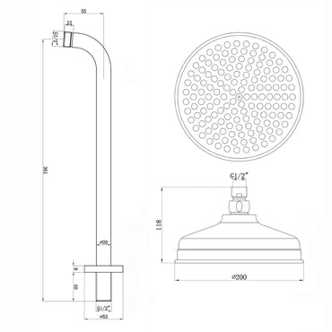 Traditional Wall Fixed Apron Brass Shower Head 8" With Shower Arm - Black