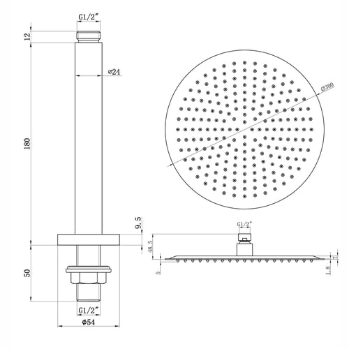Buy Contemporary Ceiling Fixed Round Ultra Slim Stainless Steel Shower Head 12" With 180mm Ceiling Shower Arm - Chrome online UK
