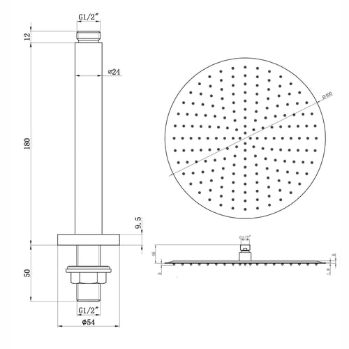 Buy Contemporary Ceiling Fixed Round Ultra Slim Stainless Steel Shower Head 16" With 180mm Ceiling Shower Arm - Matt Black online UK