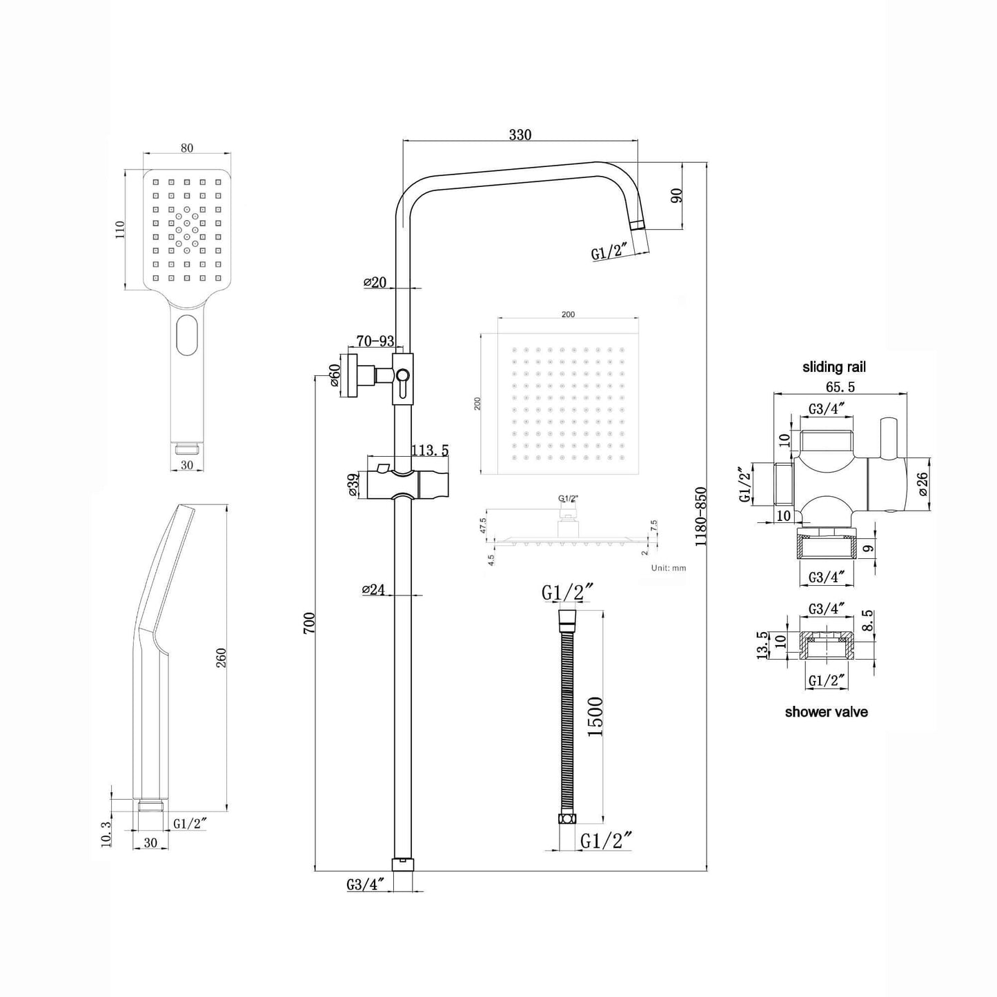 Carre dual shower riser kit adjustable height angled square easy clean head 200mm, handshower - black