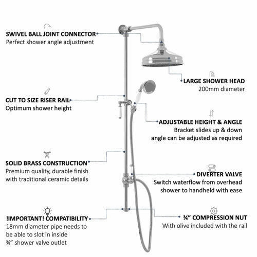 Buy Downton traditional shower riser rail kit 2 outlet watercan head 200mm - chrome online UK
