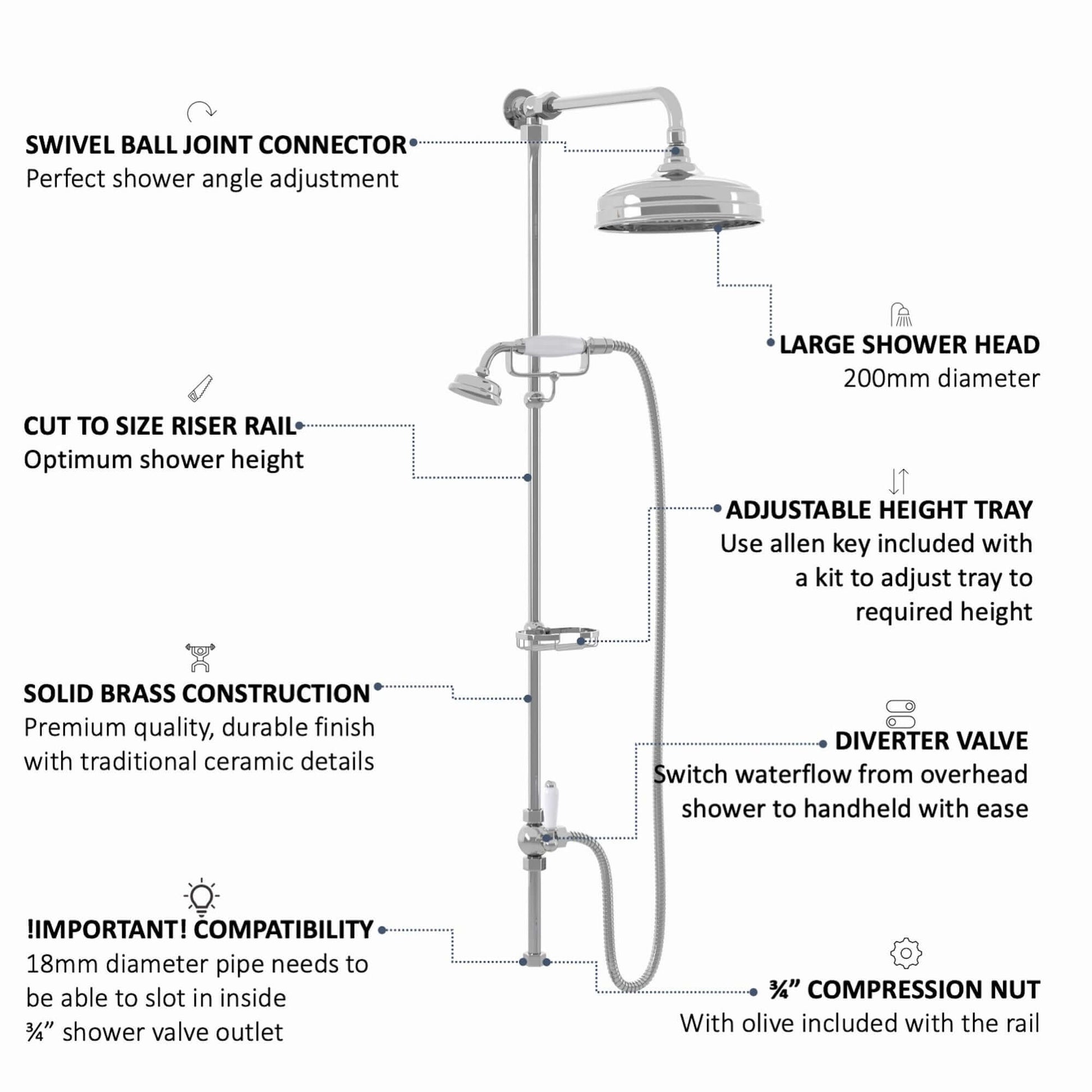 Downton traditional shower riser rail kit 2 outlet soap dish watercan head 200mm - chrome - Showers