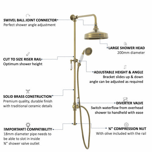 Buy Downton traditional shower riser rail kit 2 outlet watercan head 200mm - antique brass online UK