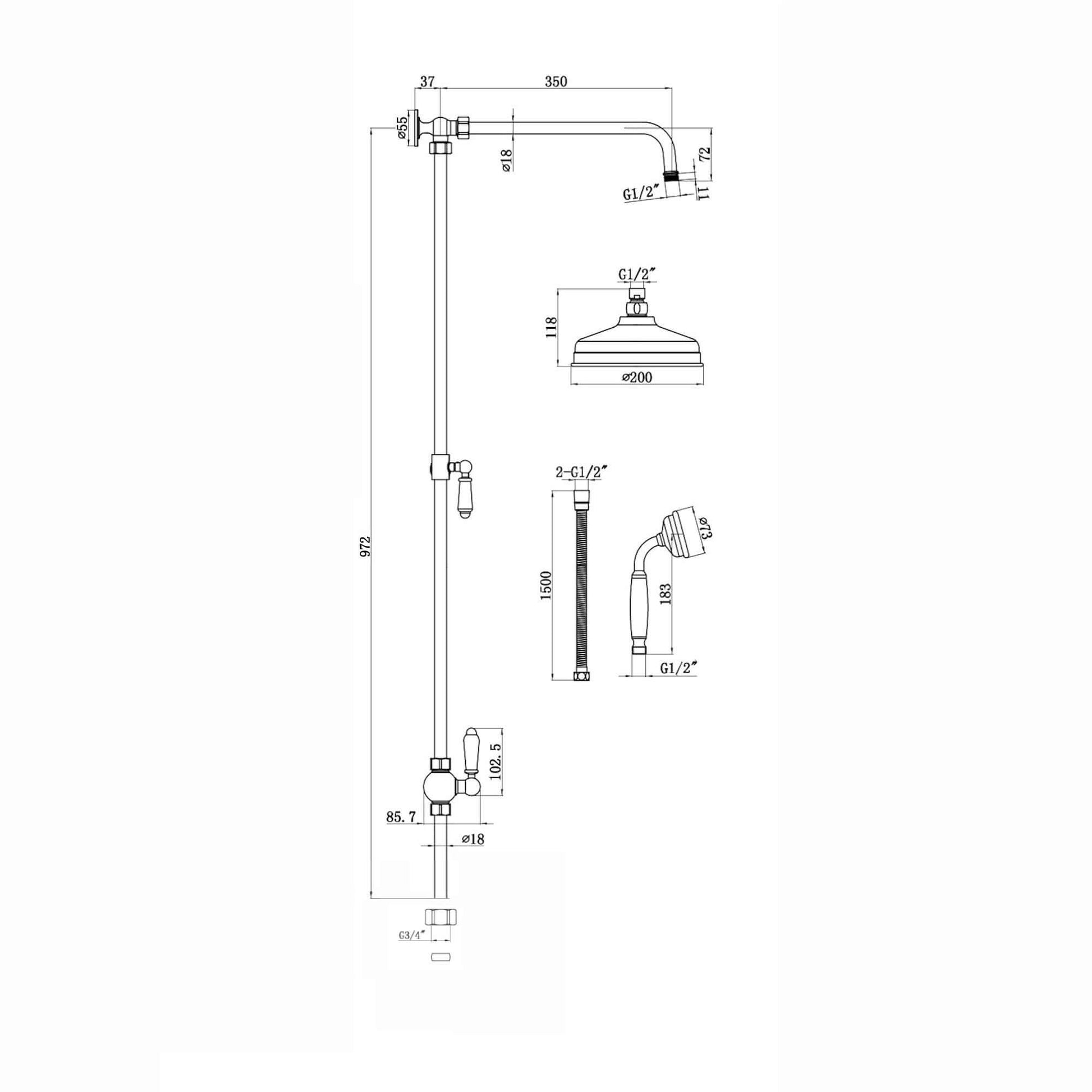 Downton traditional shower riser rail kit 2 outlet watercan head 200mm - antique bronze - Showers
