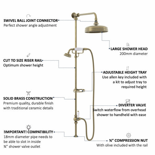 Buy Downton traditional shower riser rail kit 2 outlet soap dish watercan head 200mm - antique brass online UK