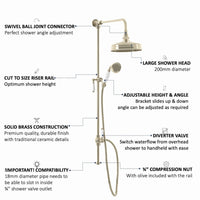 Downton traditional shower riser rail kit 2 outlet watercan head 200mm - English gold - Showers