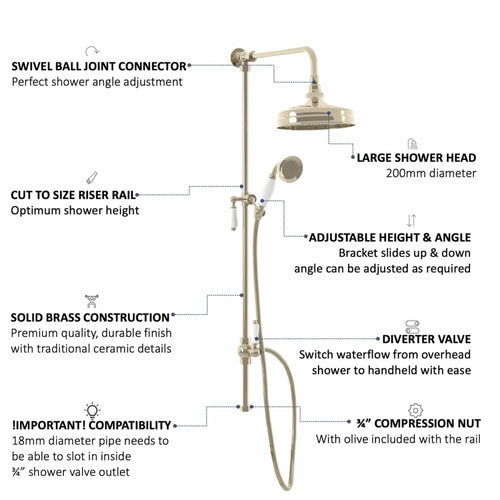 Buy Downton traditional shower riser rail kit 2 outlet watercan head 200mm - gold online UK