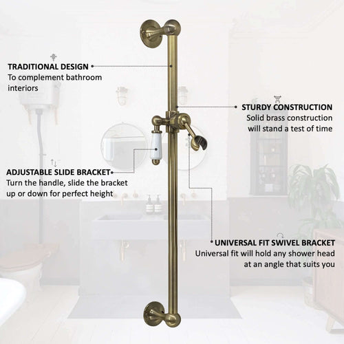 Buy Traditional shower slider rail brass with white ceramic lever bracket - antique brass online UK
