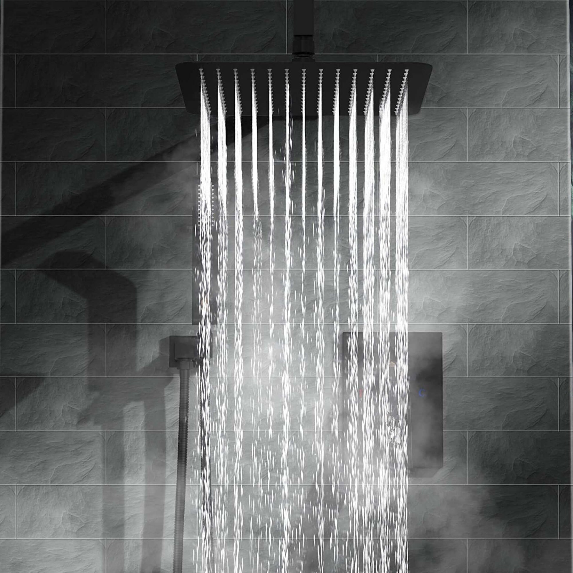 Milan Square Thermostatic Concealed Shower Set with Wall Mounted Shower Head - Black - Showers