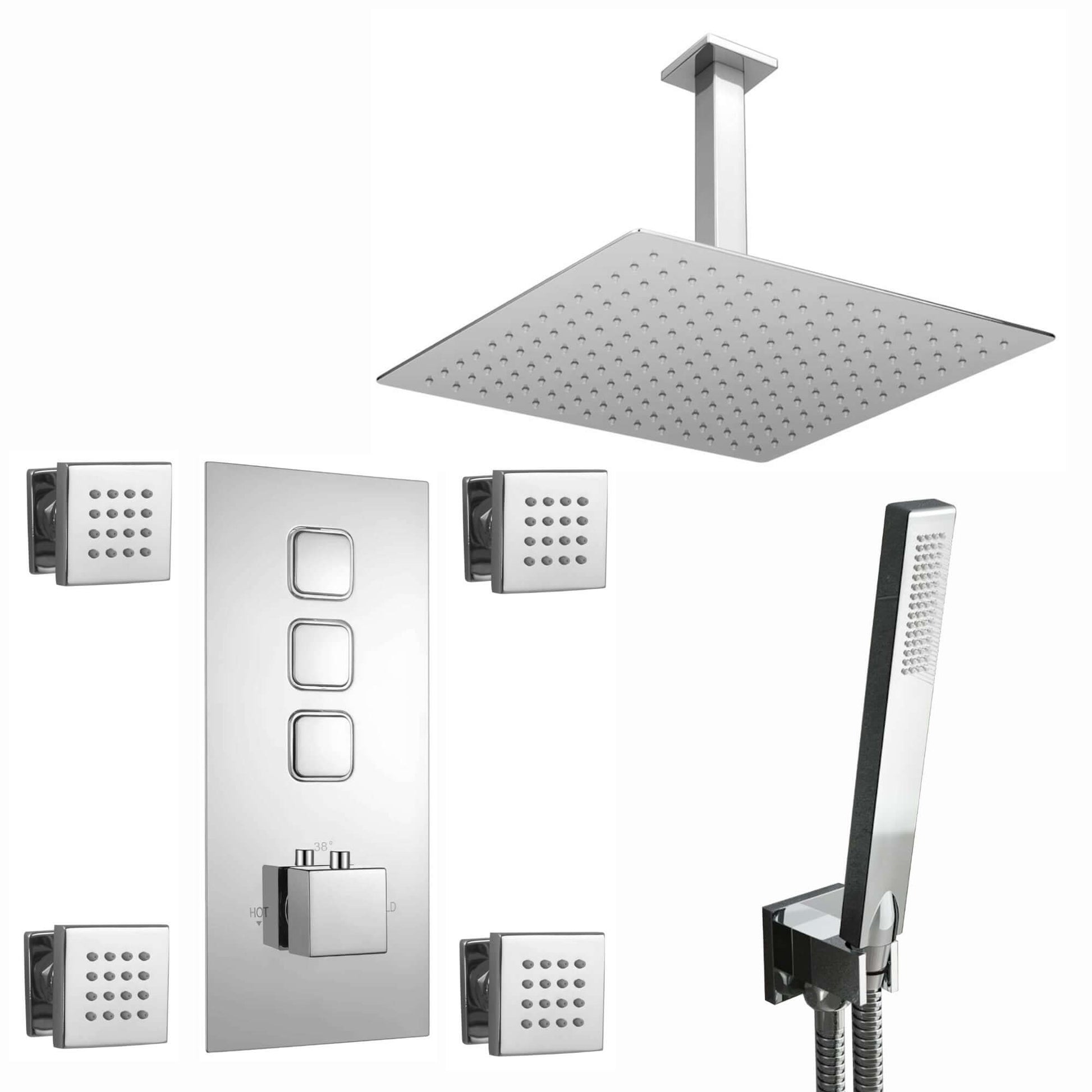 Milan Square Thermostatic Concealed Shower Set with Body Jets, Ceiling Overhead Shower, Handset Kit - Chrome - Showers