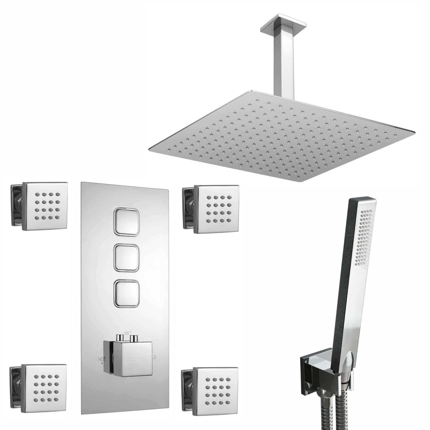 Milan Square Thermostatic Concealed Shower Set with Body Jets, Ceiling