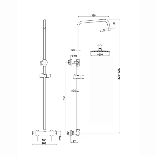 Buy Dune thermostatic bar shower set single outlet with ultra slim 200mm overhead shower - matt black online UK