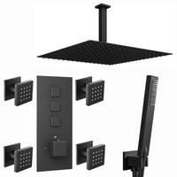Milan Square Thermostatic Concealed Shower Set with Body Jets, Ceiling Overhead Shower, Handset Kit - Black - Showers