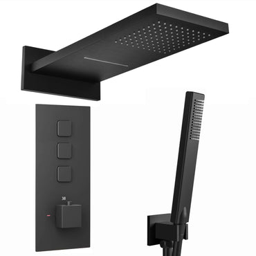 Milan Square Thermostatic Concealed Shower Set with Dual Overhead Shower, Handset Kit - Black - Showers