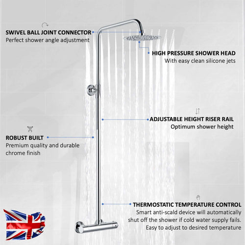 Buy Dune thermostatic bar shower set single outlet with ultra slim 200mm overhead shower - chrome online UK
