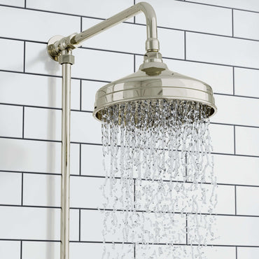 Downton Exposed Traditional Thermostatic Shower Set 2 Outlet Incl. Twin Shower Valve With Diverter, Rigid Riser Rail, 200mm Shower Head, Telephone Style Ceramic Handset & Caddy - English Gold And White - Showers
