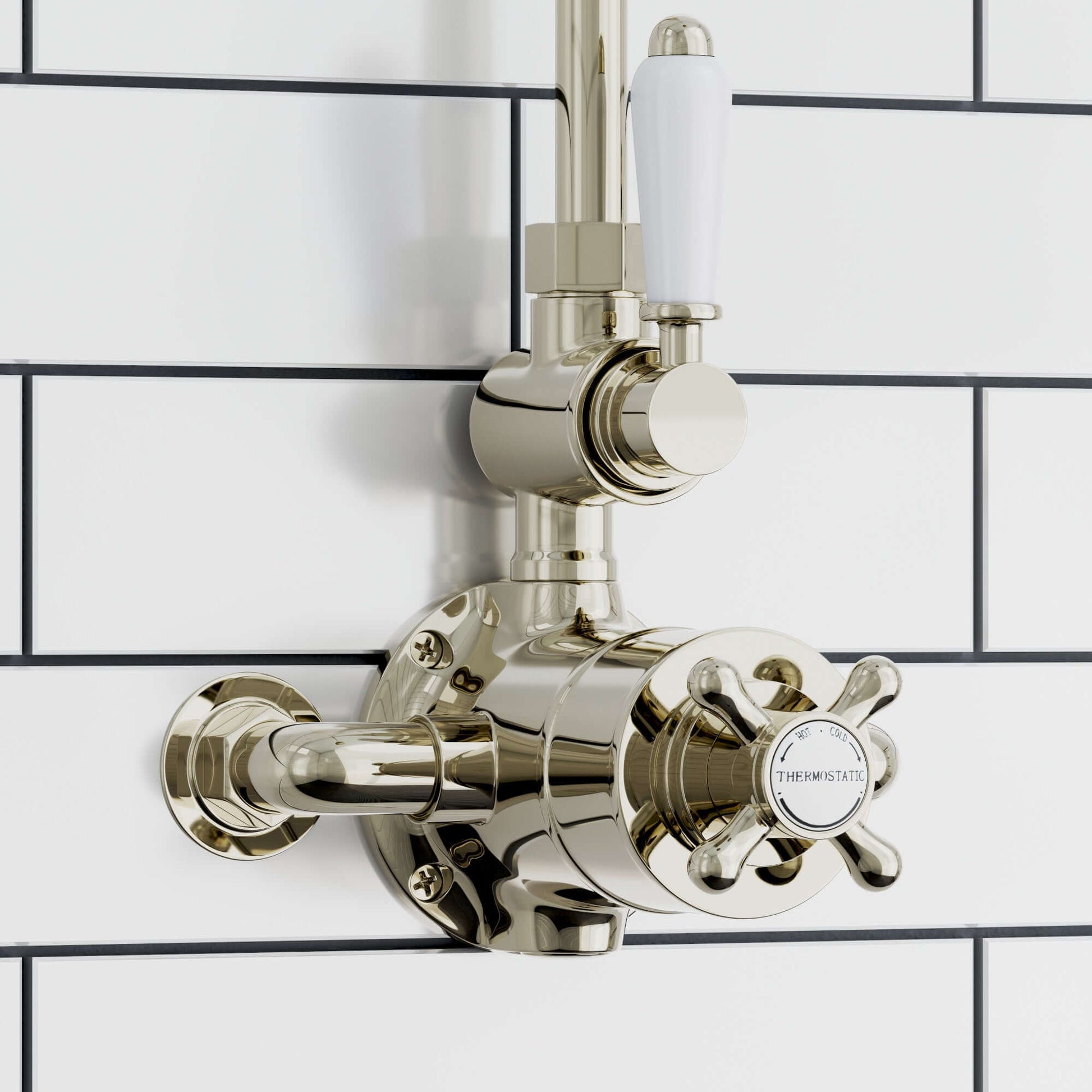 Downton Exposed Traditional Thermostatic Shower Set Single Outlet Incl. Twin Shower Valve, Rigid Riser Rail, 200mm Shower Head & Caddy - English Gold And White - Showers