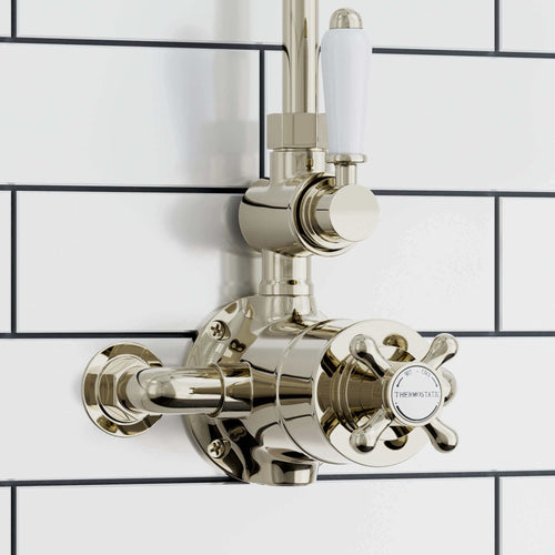 Buy Downton Exposed Traditional Thermostatic Shower Set Single Outlet Incl. Twin Shower Valve, Rigid Riser Rail, 200mm Shower Head & Caddy - Gold online UK