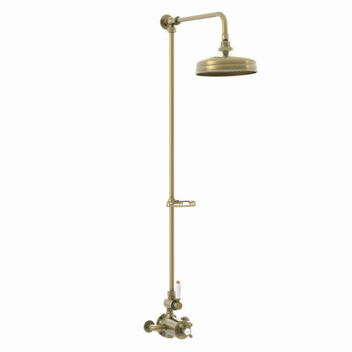 Buy Downton Exposed Traditional Thermostatic Shower Set Single Outlet Incl. Twin Shower Valve, Rigid Riser Rail, 200mm Shower Head & Caddy - Antique Brass online UK