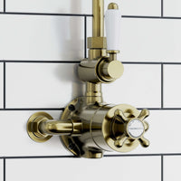 Downton Exposed Traditional Thermostatic Shower Set Single Outlet Incl. Twin Shower Valve, Rigid Riser Rail, 200mm Shower Head & Caddy - Antique Bronze And White - Showers