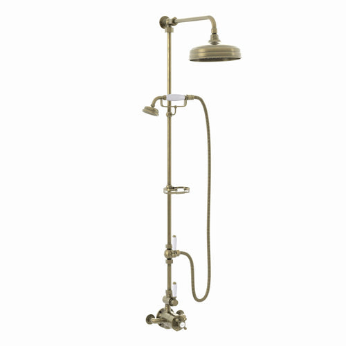 Buy Downton Exposed Traditional Thermostatic Shower Set 2 Outlet Incl. Twin Shower Valve With Diverter, Rigid Riser Rail, 200mm Shower Head, Telephone Style Ceramic Handset & Caddy - Antique Brass online UK