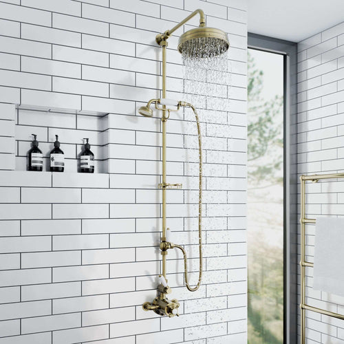 Buy Downton Exposed Traditional Thermostatic Shower Set 2 Outlet Incl. Twin Shower Valve With Diverter, Rigid Riser Rail, 200mm Shower Head, Telephone Style Ceramic Handset & Caddy - Antique Brass online UK
