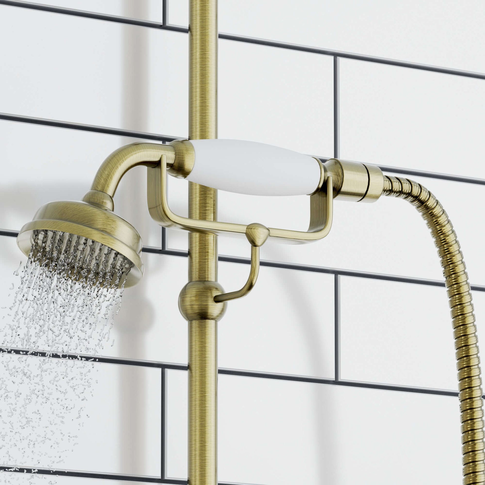 Downton Exposed Traditional Thermostatic Shower Set 2 Outlet Incl. Twin Shower Valve With Diverter, Rigid Riser Rail, 200mm Shower Head, Telephone Style Ceramic Handset & Caddy - Antique Bronze And White - Showers
