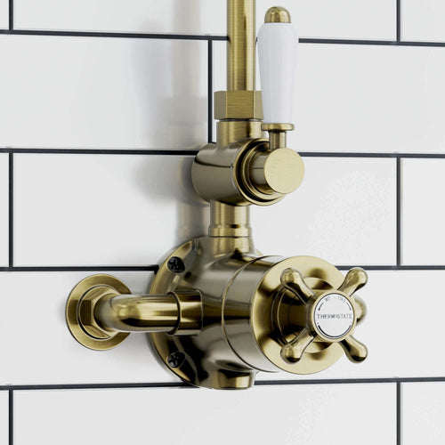 Buy Downton Exposed Traditional Thermostatic Shower Set 2 Outlet Incl. Twin Shower Valve With Diverter, Rigid Riser Rail, 200mm Shower Head, Telephone Style Ceramic Handset & Caddy - Antique Brass online UK