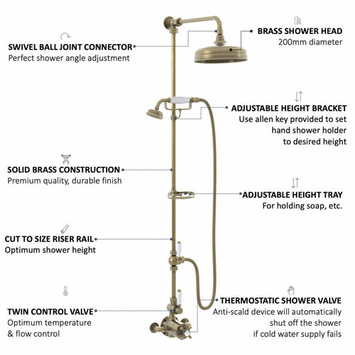 Buy Downton Exposed Traditional Thermostatic Shower Set 2 Outlet Incl. Twin Shower Valve With Diverter, Rigid Riser Rail, 200mm Shower Head, Telephone Style Ceramic Handset & Caddy - Antique Brass online UK