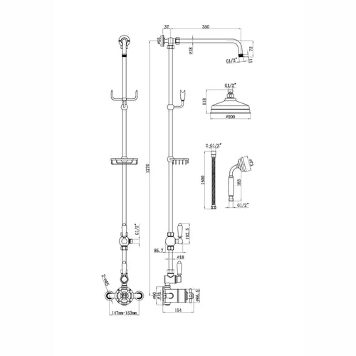 Buy Downton Exposed Traditional Thermostatic Shower Set 2 Outlet Incl. Twin Shower Valve With Diverter, Rigid Riser Rail, 200mm Shower Head, Telephone Style Ceramic Handset & Caddy - Antique Brass online UK