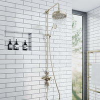 Downton Exposed Traditional Thermostatic Shower Set 2 Outlet, Incl. Triple Shower Valve, Rigid Riser Rail, 200mm Shower Head & Ceramic Handset - English Gold And White - Showers