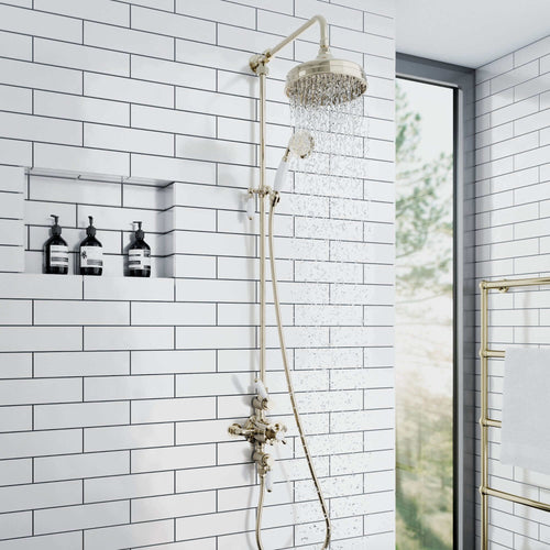 Buy Downton Exposed Traditional Thermostatic Shower Set 2 Outlet, Incl. Triple Shower Valve, Rigid Riser Rail, 200mm Shower Head & Ceramic Handset - Gold online UK