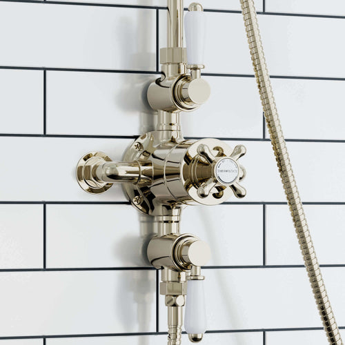 Buy Downton Exposed Traditional Thermostatic Shower Set 2 Outlet, Incl. Triple Shower Valve, Rigid Riser Rail, 200mm Shower Head & Ceramic Handset - Gold online UK
