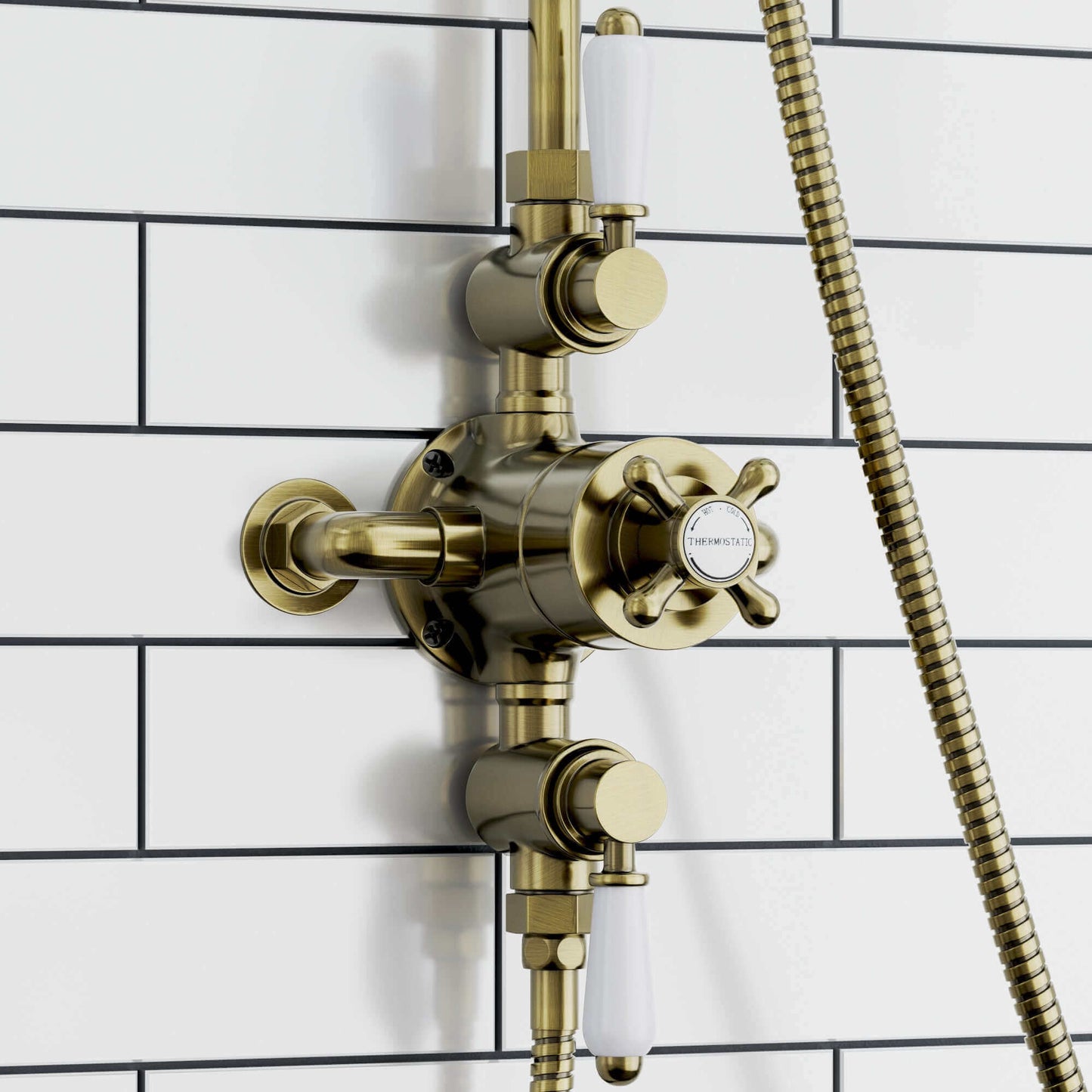 Downton Exposed Traditional Thermostatic Shower Set 2 Outlet, Incl. Triple Shower Valve, Rigid Riser Rail, 200mm Shower Head & Ceramic Handset - Antique Bronze And White - Showers