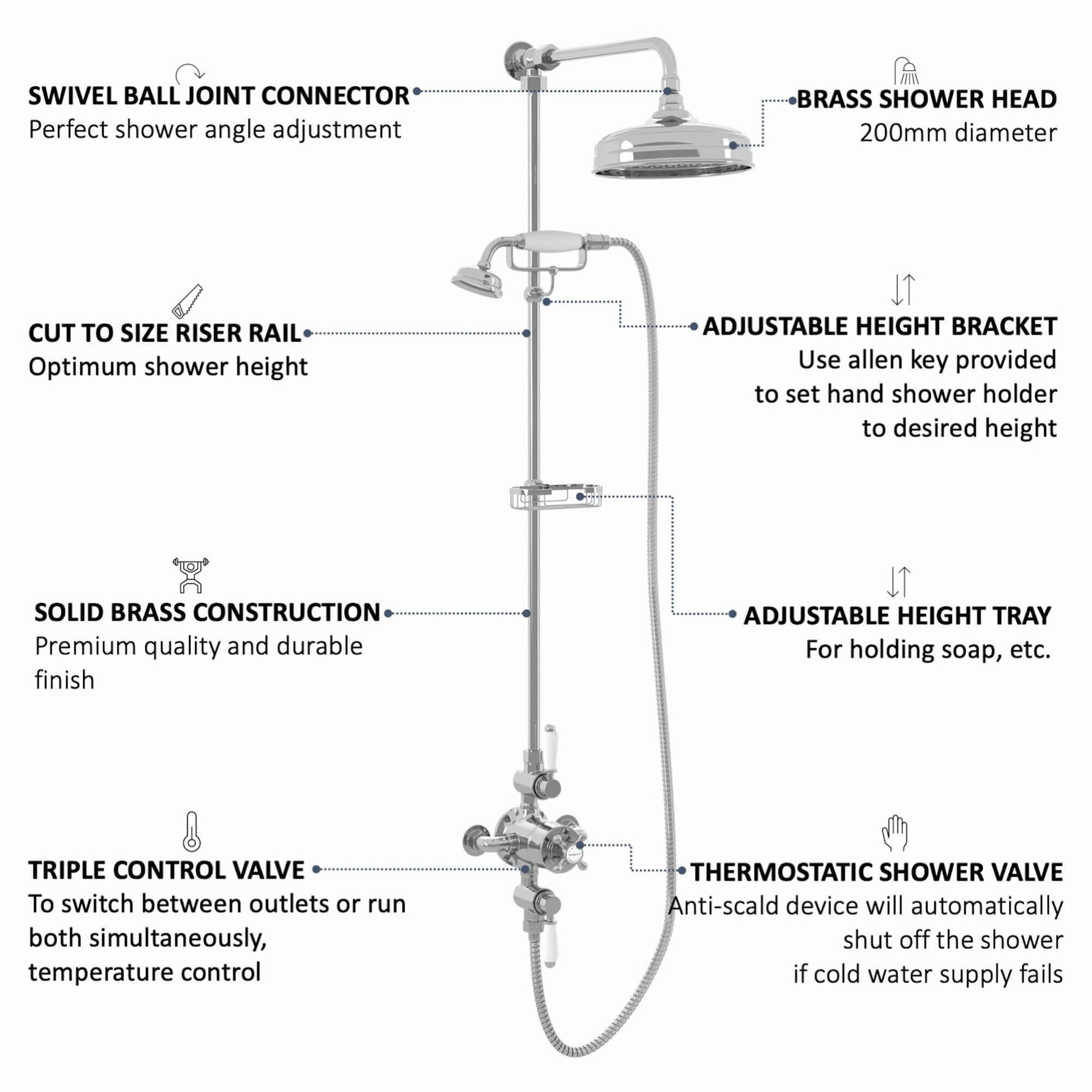 Downton Exposed Traditional Thermostatic Shower Set 2 Outlet, Incl. Triple Shower Valve, Rigid Riser Rail, 200mm Shower Head, Telephone Style Ceramic Handset & Caddy - Chrome And White - Showers