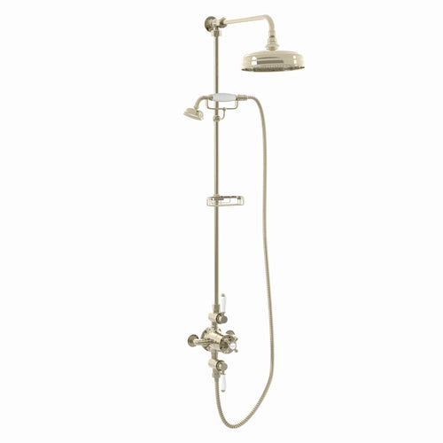 Buy Downton Exposed Traditional Thermostatic Shower Set 2 Outlet, Incl. Triple Shower Valve, Rigid Riser Rail, 200mm Shower Head, Telephone Style Ceramic Handset & Caddy - Gold online UK