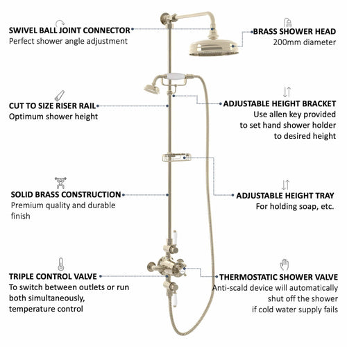 Buy Downton Exposed Traditional Thermostatic Shower Set 2 Outlet, Incl. Triple Shower Valve, Rigid Riser Rail, 200mm Shower Head, Telephone Style Ceramic Handset & Caddy - Gold online UK
