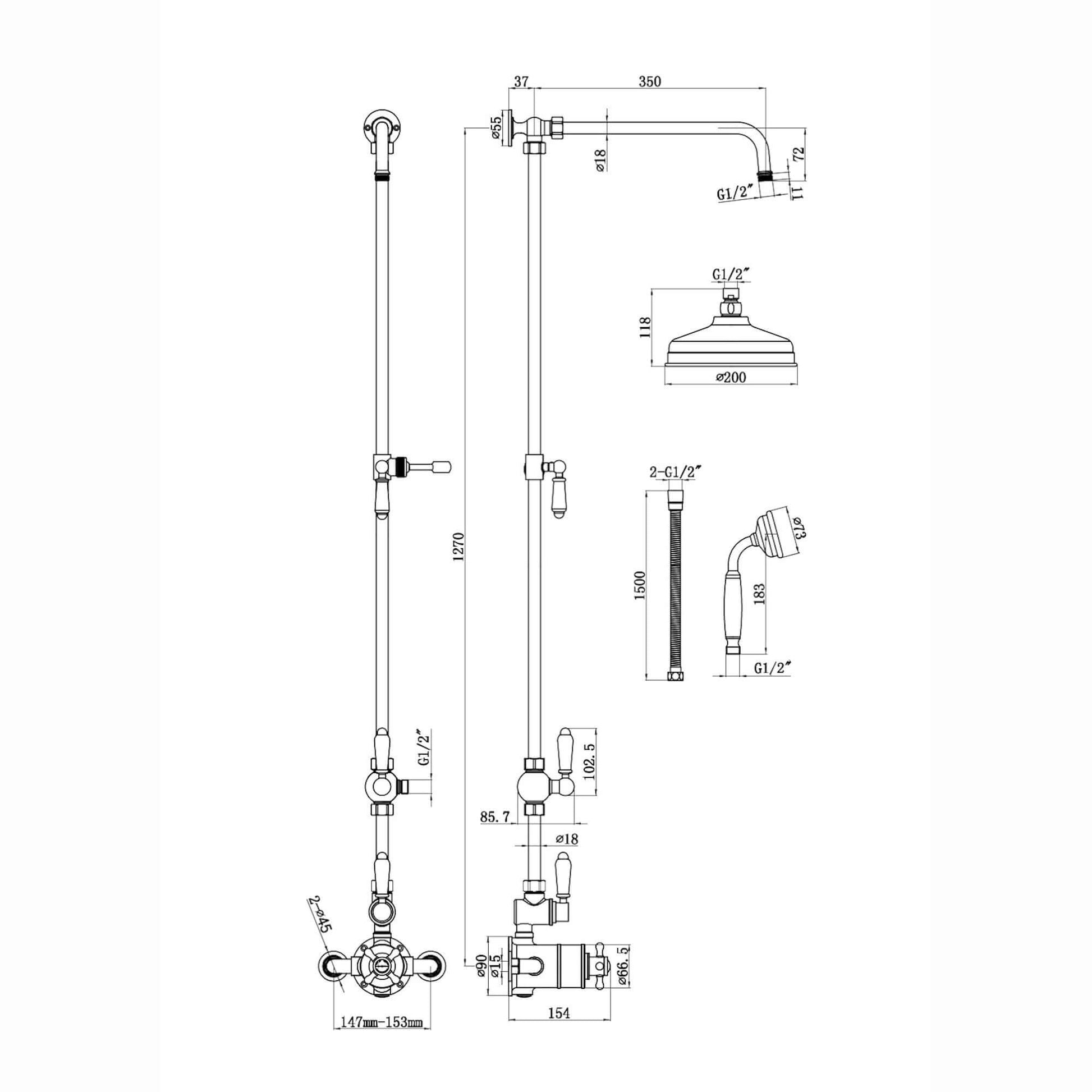 Downton Exposed Traditional Thermostatic Shower Set 2 Outlet Incl. Twin Shower Valve With Diverter, Rigid Riser Rail, 200mm Shower Head & Ceramic Handset - Antique Bronze And White - Showers