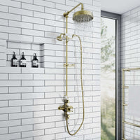 Downton Exposed Traditional Thermostatic Shower Set 2 Outlet, Incl. Triple Shower Valve, Rigid Riser Rail, 200mm Shower Head, Telephone Style Ceramic Handset & Caddy - Antique Bronze And White - Showers