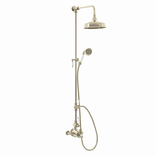 Buy Downton Exposed Traditional Thermostatic Shower Set 2 Outlet Incl. Twin Shower Valve With Diverter, Rigid Riser Rail, 200mm Shower Head & Ceramic Handset - Gold online UK