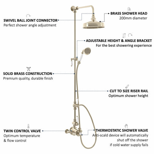 Buy Downton Exposed Traditional Thermostatic Shower Set 2 Outlet Incl. Twin Shower Valve With Diverter, Rigid Riser Rail, 200mm Shower Head & Ceramic Handset - Gold online UK