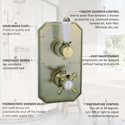 Buy Regent Traditional Crosshead And White Lever Concealed Thermostatic Shower Set Incl. Twin Valve, Wall Fixed 8" Shower Head, Slider Rail Kit - Antique Brass (2 Outlet) online UK
