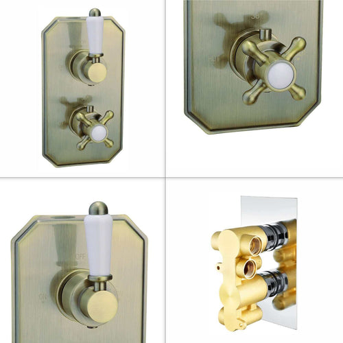 Buy Regent Traditional Crosshead And White Lever Concealed Thermostatic Shower Set Incl. Twin Valve, Wall Fixed 8" Shower Head, Slider Rail Kit - Antique Brass (2 Outlet) online UK