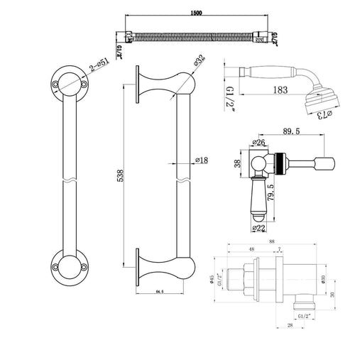 Buy Regent Traditional Crosshead And White Lever Concealed Thermostatic Shower Set Incl. Twin Valve, Wall Fixed 8" Shower Head, Slider Rail Kit - Antique Brass (2 Outlet) online UK
